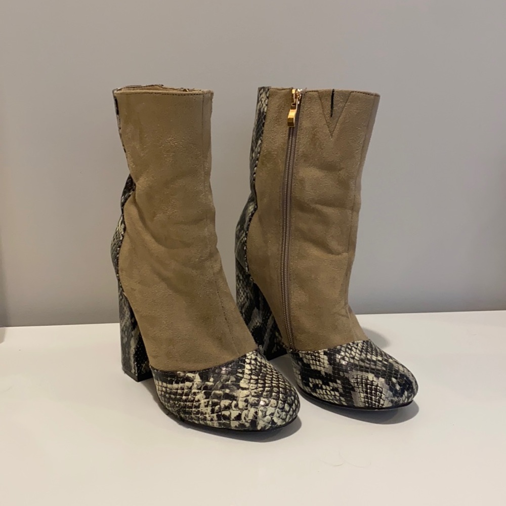 Suede brown and snakeskin heeled boots